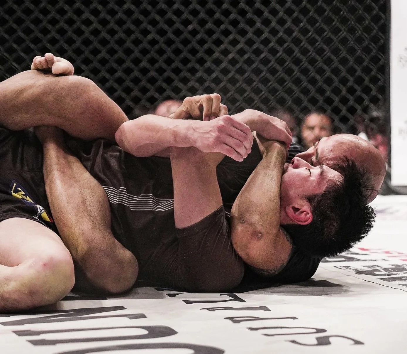 Two mixed martial artists in a grappling position inside a cage, with one fighter attempting a submission hold on the other. The fighters are on the ground, and spectators can be seen in the background.