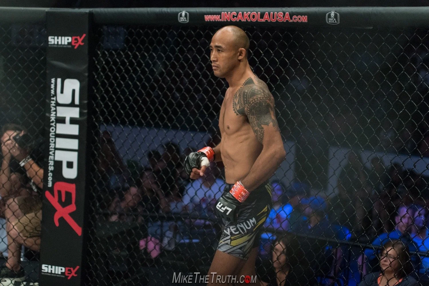 Mixed martial arts fighter standing inside a cage, wearing black and yellow Venum shorts and black gloves, with a tattoo sleeve on his left arm, during a fight event with spectators watching in the background.