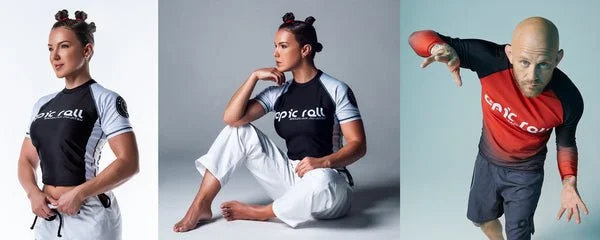 Three martial artists in different poses, wearing athletic uniforms with the text 'Epic Roll' on them.
