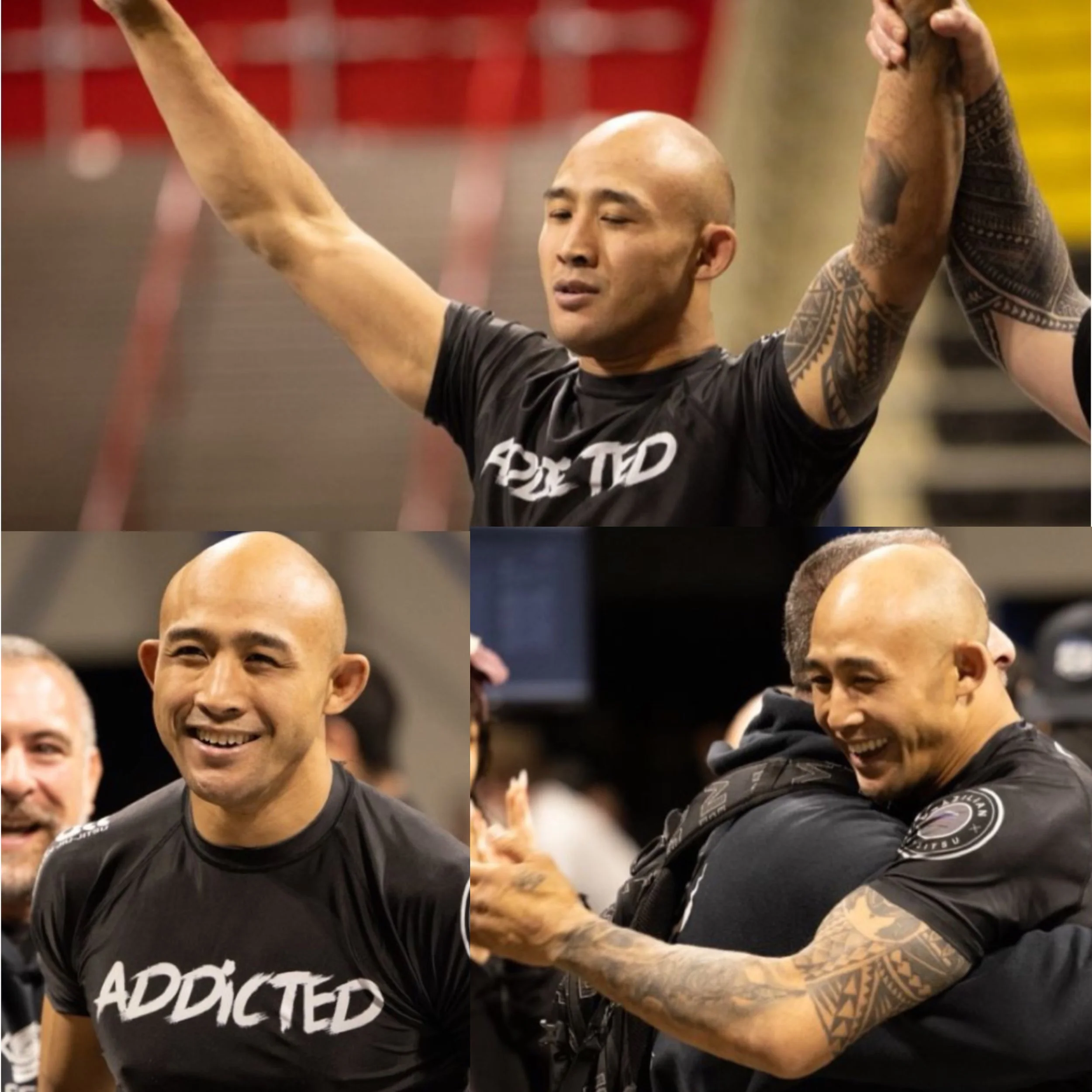Two men with tattoos and shaved heads are smiling and shaking hands at a public event, with other people visible in the background.