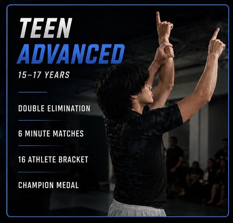 Poster advertising teen advanced level badminton tournament for ages 15-17, featuring double elimination, 6-minute matches, 16 athlete brackets, and a champion medal, with a person making a gesture with raised arms in a sports setting.