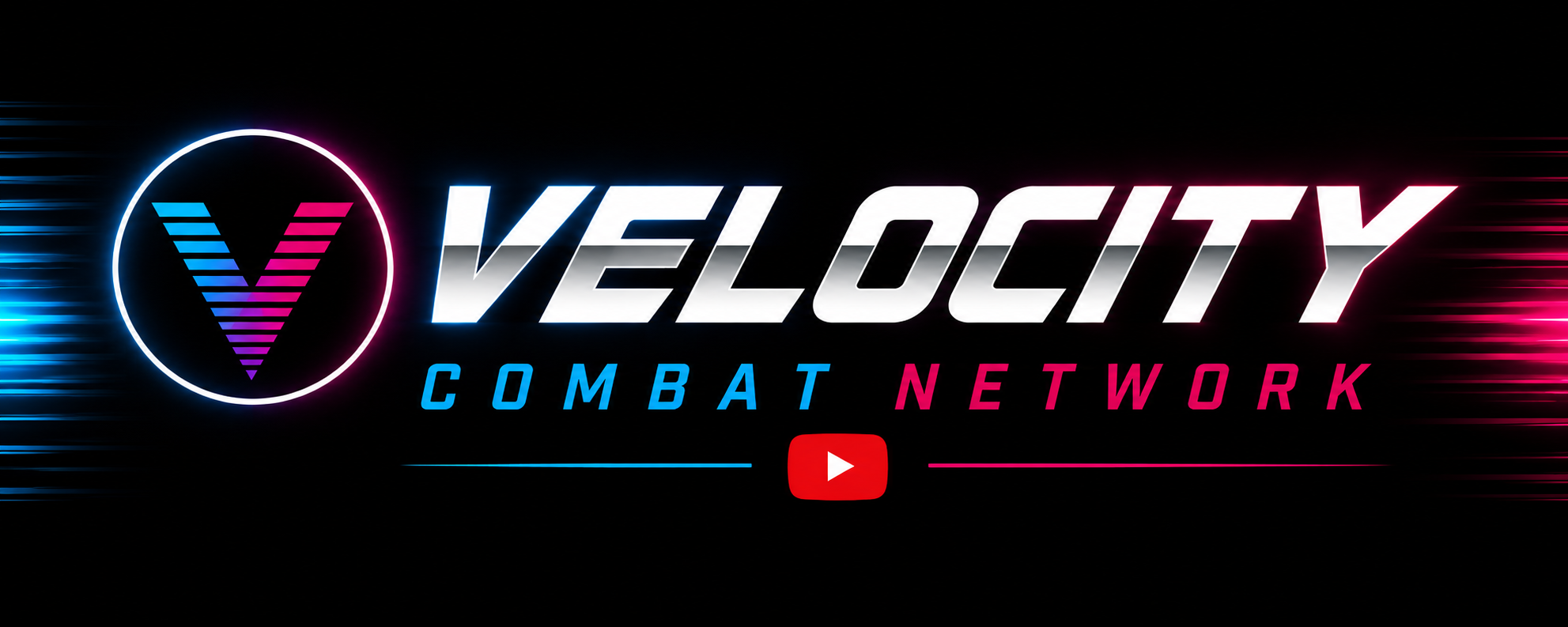 Logo for Velocity Combat Network with a neon-style design, including a stylized 'V' inside a circle and a red YouTube play button.
