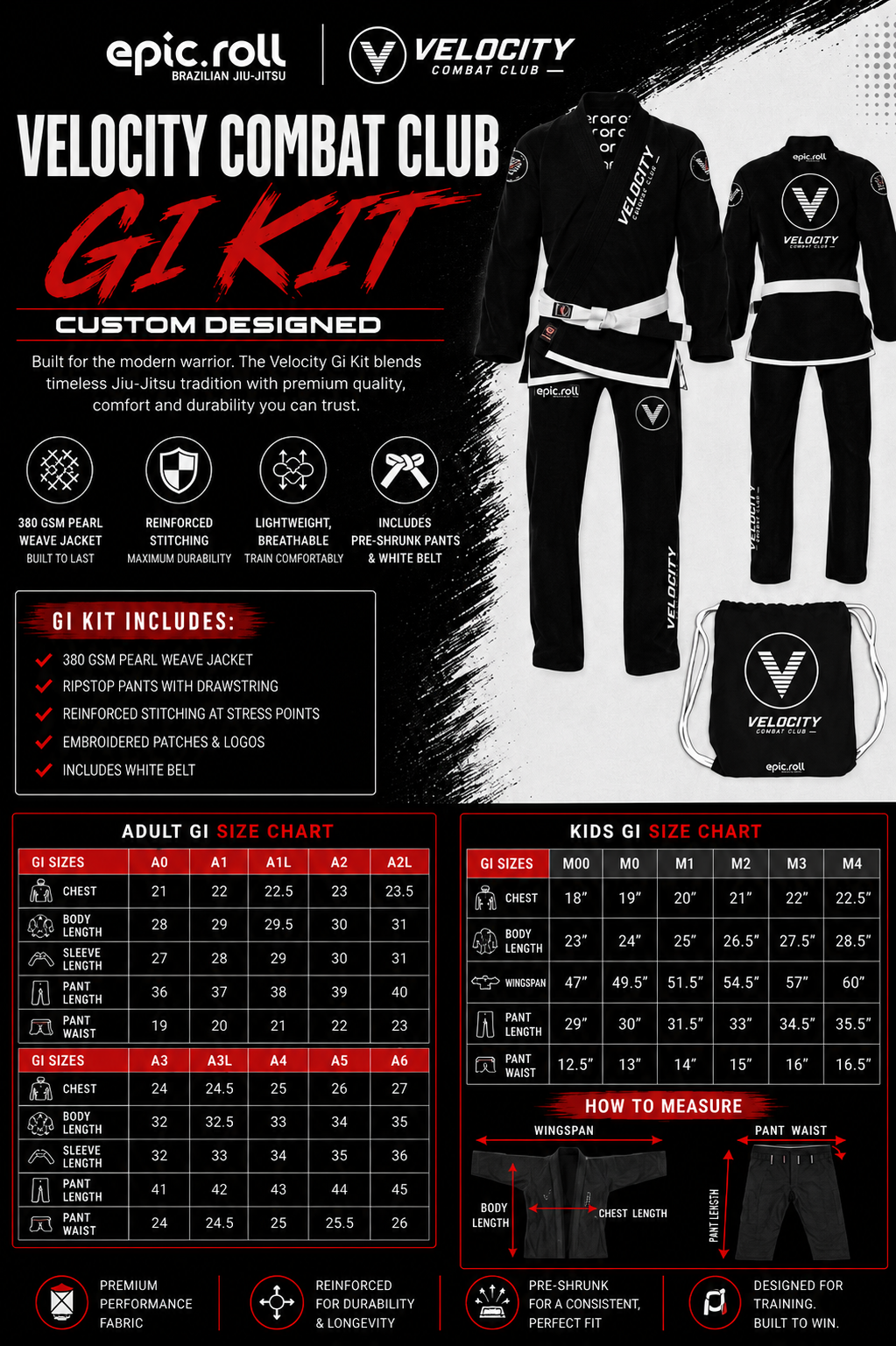 An infographic advertising the Velocity Combat Club Gi Kit for Brazilian Jiu-Jitsu. Features two models wearing black gi jackets and pants, alongside a drawstring bag. Text describes the product as custom designed, built for modern warriors, lightweight, breathable, and includes pre-shrunk pants and a white belt. The kit contains a pearl weave jacket, ripstop pants with drawstring, reinforced stitching, embroidered patches and logos, and a white belt. Size charts for adult and kids sizes are included, with measurement instructions and icons indicating performance fabric, durability, perfect fit, and training suitability.