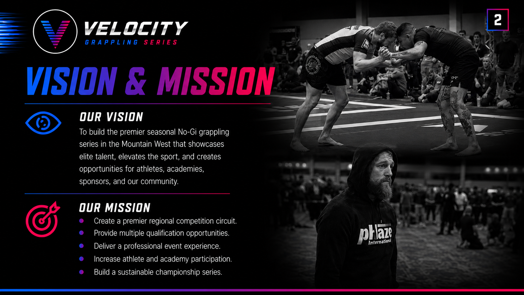 Graphic for Velocity Grappling Series with text outlining vision and mission statements. Black-and-white photo of two grapplers engaged in a match, and a bearded man with a hoodie standing at an event.