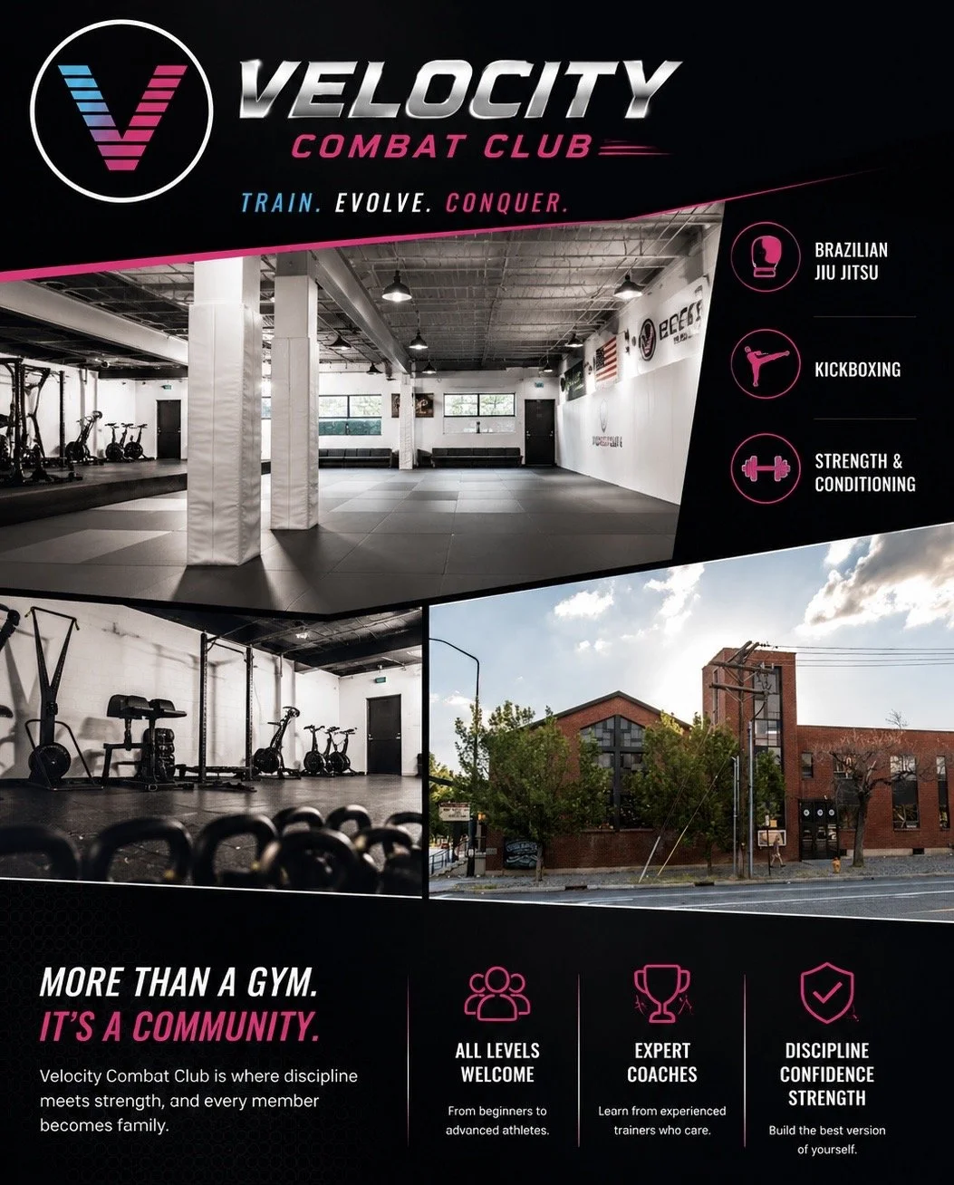 Poster for Velocity Combat Club, showing images of a modern gym and an exterior view of the fitness center, with icons for Brazilian Jiu Jitsu, kickboxing, and strength & conditioning. Text highlights community, expert coaches, and inclusive environment.