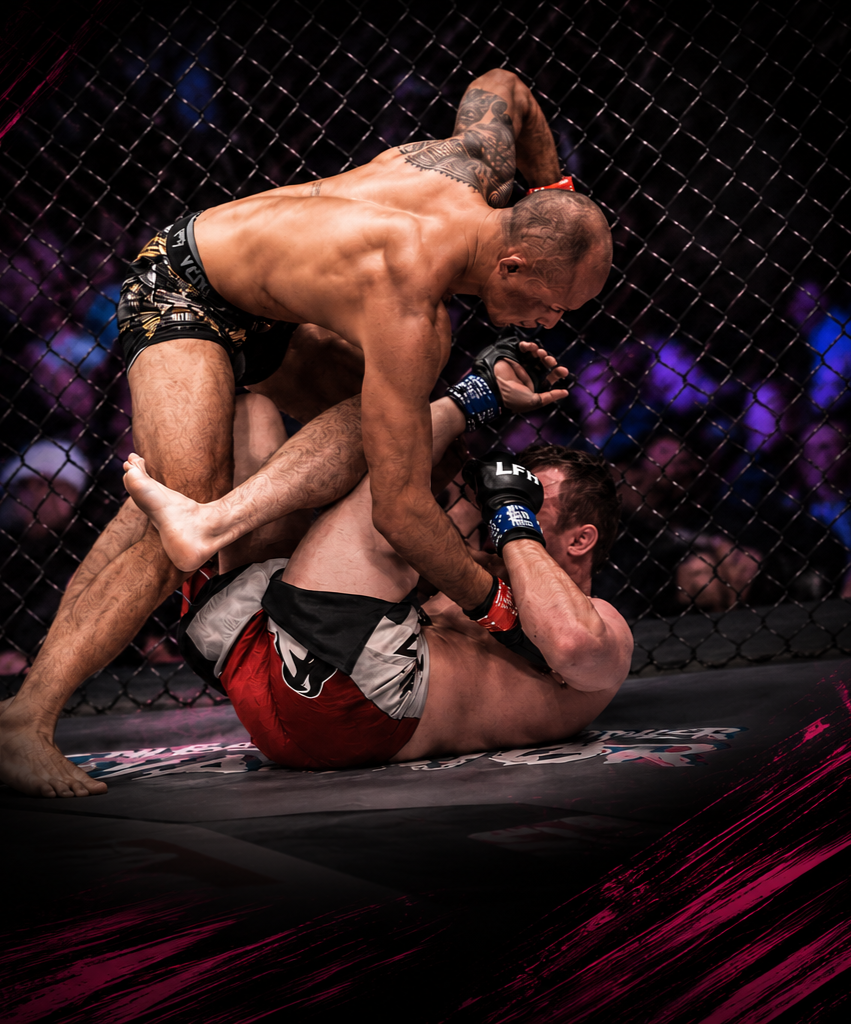 Mixed martial arts fighters engaged in a fight inside a cage, one fighter on top attempting a submission hold.