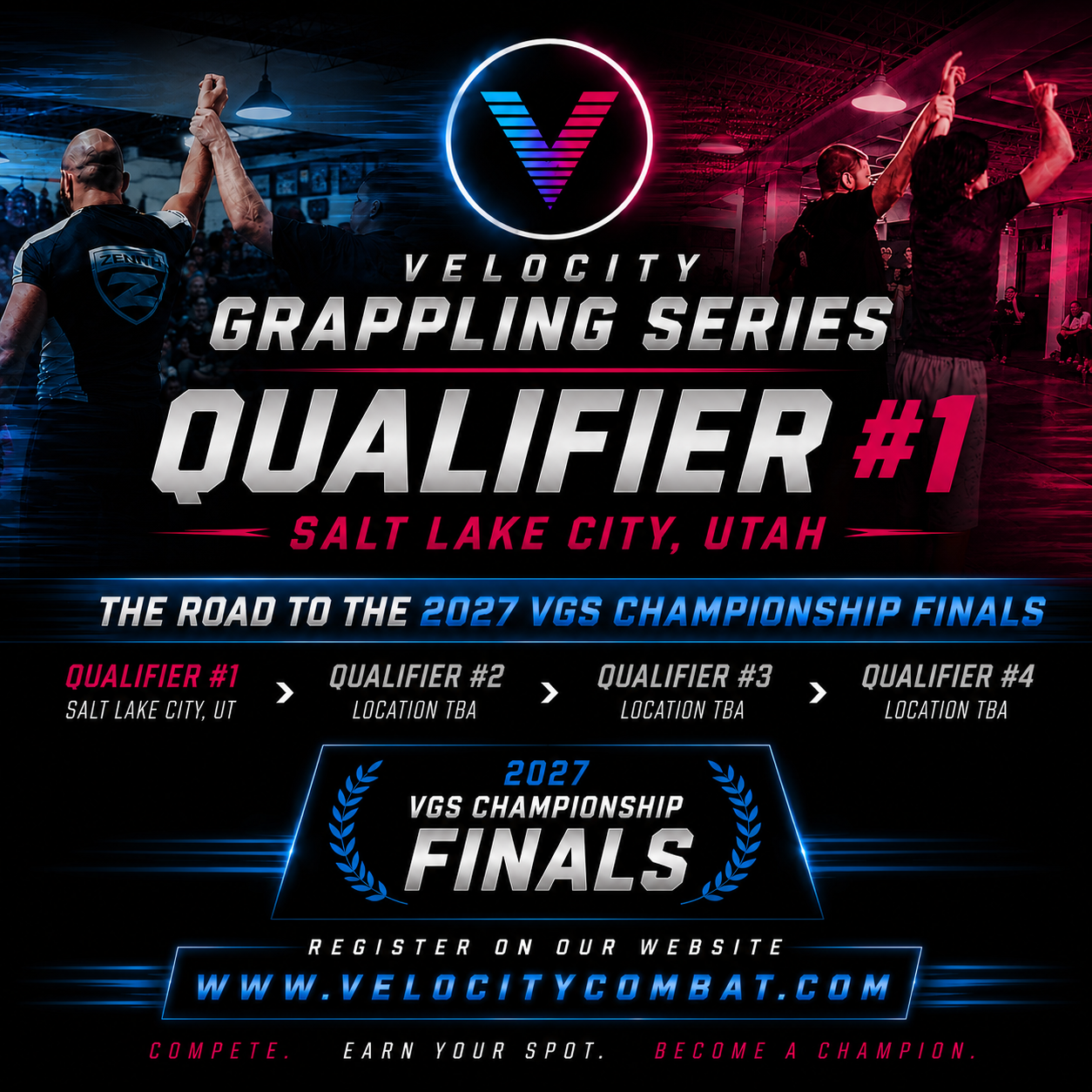 Promotional graphic for Velocity Grappling Series, featuring event details for the Salt Lake City, Utah qualifier, with images of athletes grappling and a neon logo.