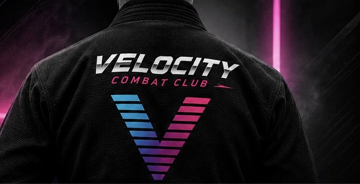 Back of a black jacket with a large V-shaped graphic in blue and pink, and the text 'VELOCITY COMBAT CLUB' on the upper back.