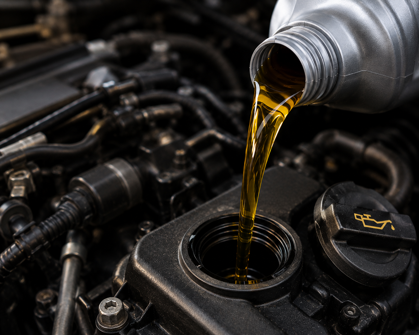 Motor oil being poured from a silver container into a car engine's oil fill port.