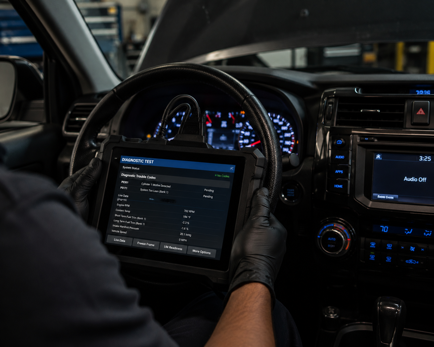A person wearing black gloves is using a diagnostic scan tool on a tablet inside a vehicle, with the dashboard and steering wheel visible in the background.