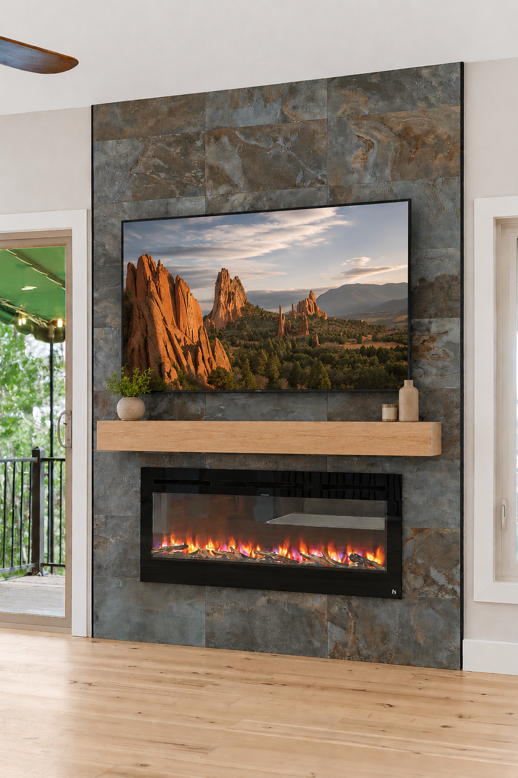 Living room fireplace with a mounted TV showing a landscape of red rock formations and mountains, a wooden mantel with decorative items, and an electric fire below the TV, with a sliding glass door to the left and a wooden floor.