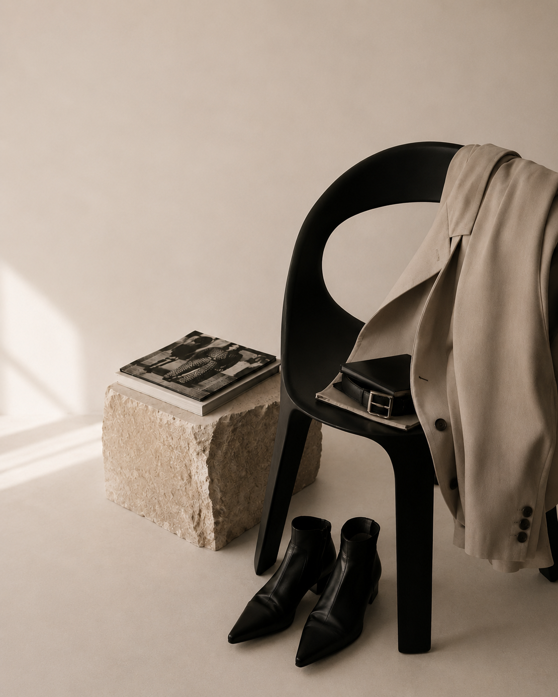A beige blazer draped over a black chair with black heeled boots on the floor, a beige textured block with fashion magazine, and a black belt on the chair in a minimalistic setting.