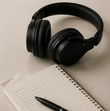 Black over-ear headphones, a lined notebook, and a black pen on a light surface.