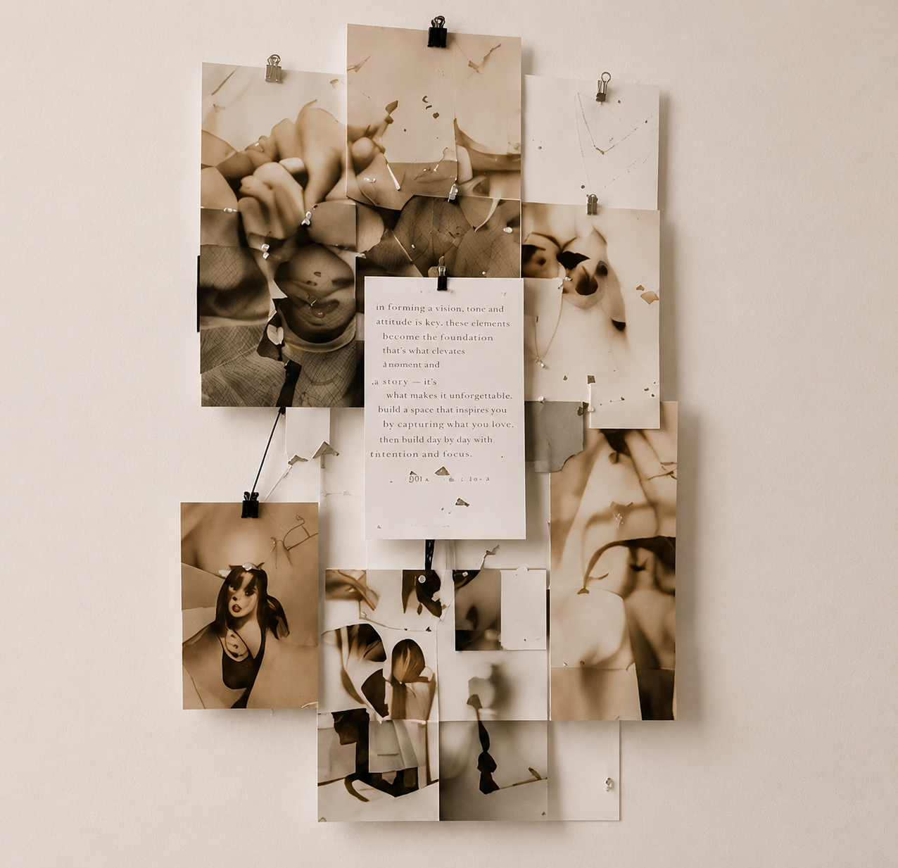 Decorative wall collage of sepia toned photographs of women and close-up details, with a central note with inspirational text about creating a vision and focus.