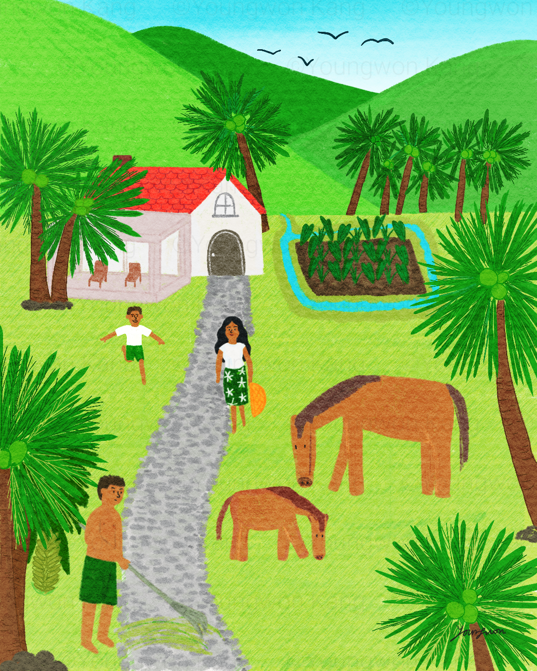 Illustration of a lush green tropical landscape with palm trees, hills, a small stream, a vineyard, and a white house with a red roof. Three people are enjoying the outdoors; one man watering the lawn, a woman holding an orange float, and a boy runni