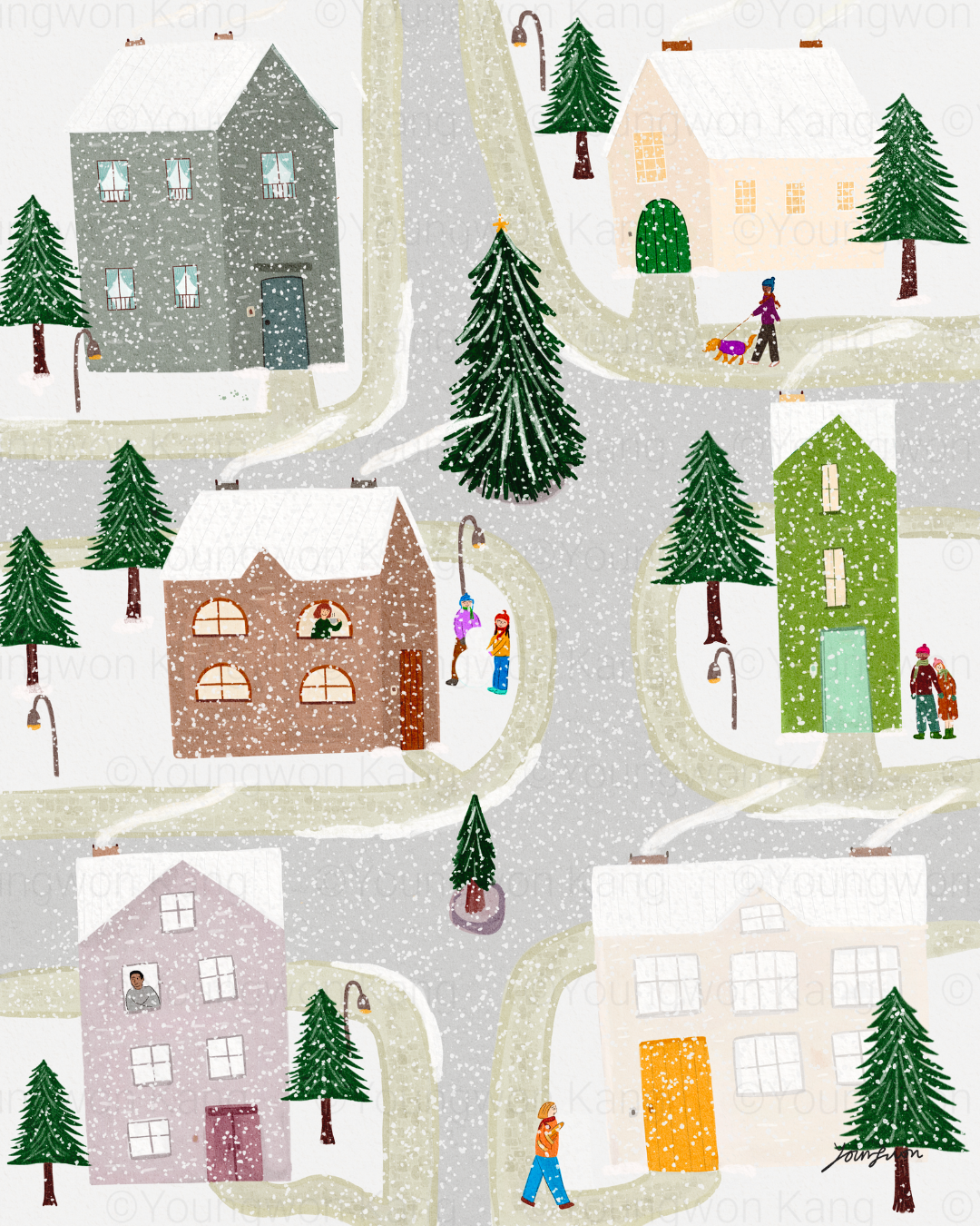 Illustration of a snowy neighborhood with houses, trees, street lamps, and people walking dogs and ice skating.