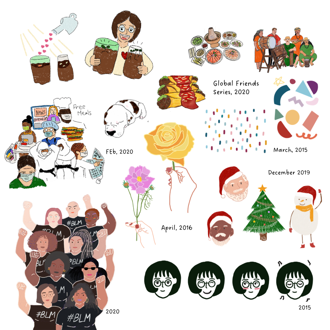 A collage of diverse scenes including holiday celebrations, protests with #BLM shirts, people working from home, eating food, and various animals.
