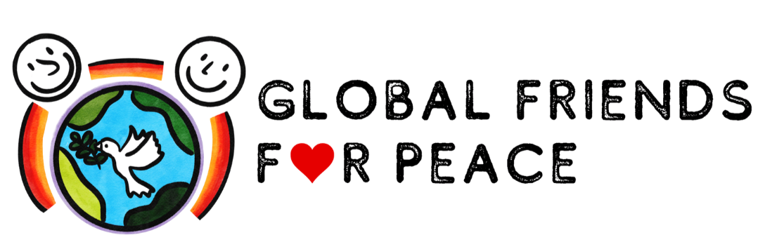 Illustration of two smiling faces, a globe with a dove holding an olive branch, and the text "Global Friends for Peace" with a red heart replacing the letter 'O' in "for".