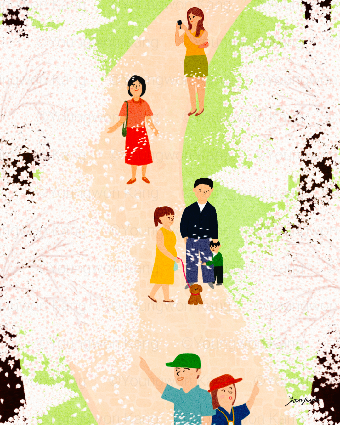 Illustration of a park pathway surrounded by cherry blossom trees with pink flowers, showing several people taking photos and walking, including a man and woman in the foreground and children and women further along the path.