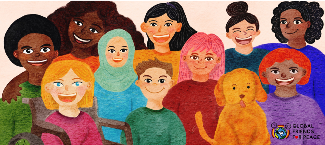 Group of diverse children and a dog smiling together, with the logo 'Global Friends for Peace' in the bottom right corner.