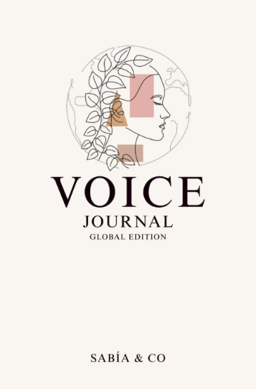 Cover of Voice Journal Global Edition by Sabia & Co, featuring a stylized illustration of a woman's face with leaves and geometric shapes in a circular design.
