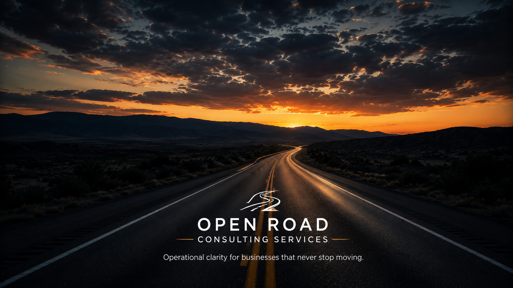 A long winding road at sunset with mountains in the background. The sky is partly cloudy with orange and dark clouds. Overlay text reads 'Open Road Consulting Services' and 'Operational clarity for businesses that never stop moving.'