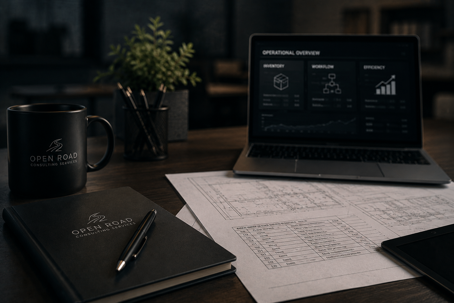 A dark desk with a black mug labeled 'Open Road Consulting Services', a black notebook with a pen, architectural blueprints, a laptop displaying an operational overview, a small potted plant, and a container of pens.