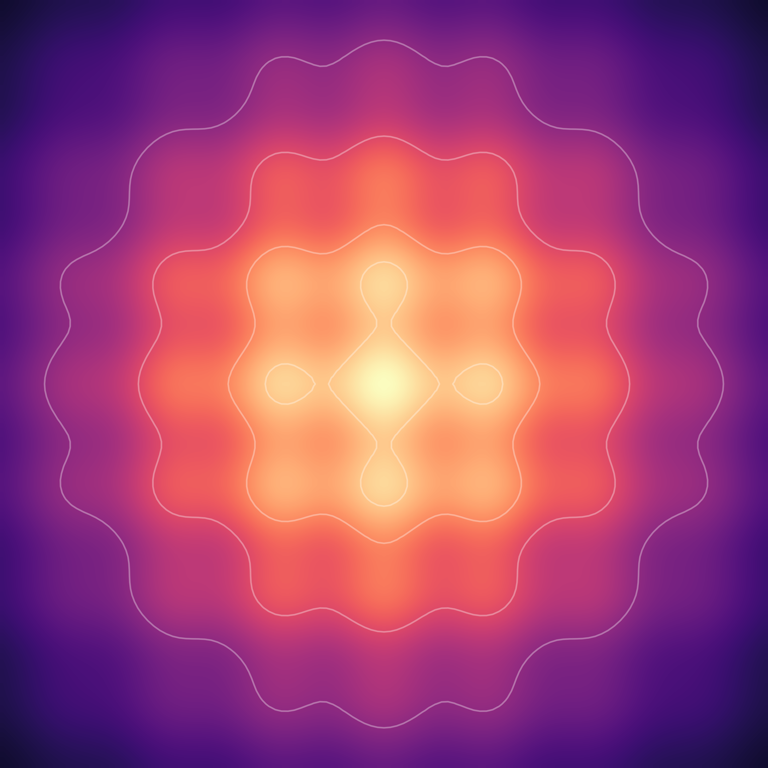 A quantum wavefunction with a central orange and yellow glow, surrounded by purple and blue gradient, with white contour lines forming a symmetrical pattern.