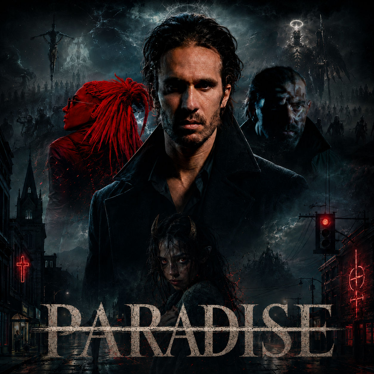 Dark supernatural thriller poster with an assassin flanked by two figures, a half-demon girl, and an apocalyptic town behind them.