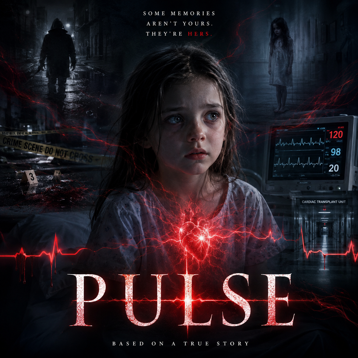 Young girl in a hospital setting with a glowing heartbeat motif and shadowy murder-vision imagery around her.
