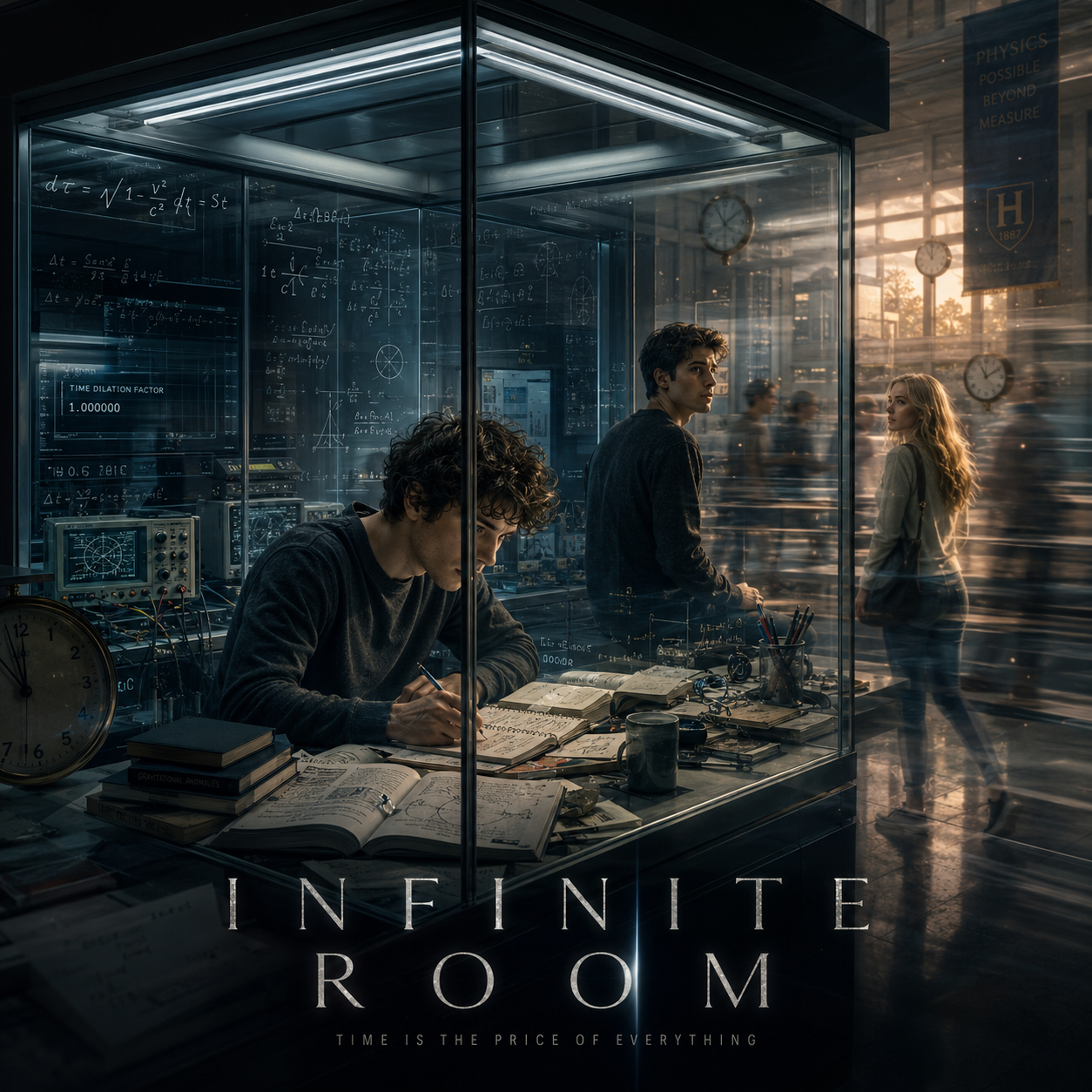Two young physicists inside a glass laboratory chamber while the world outside appears slowed by time dilation.