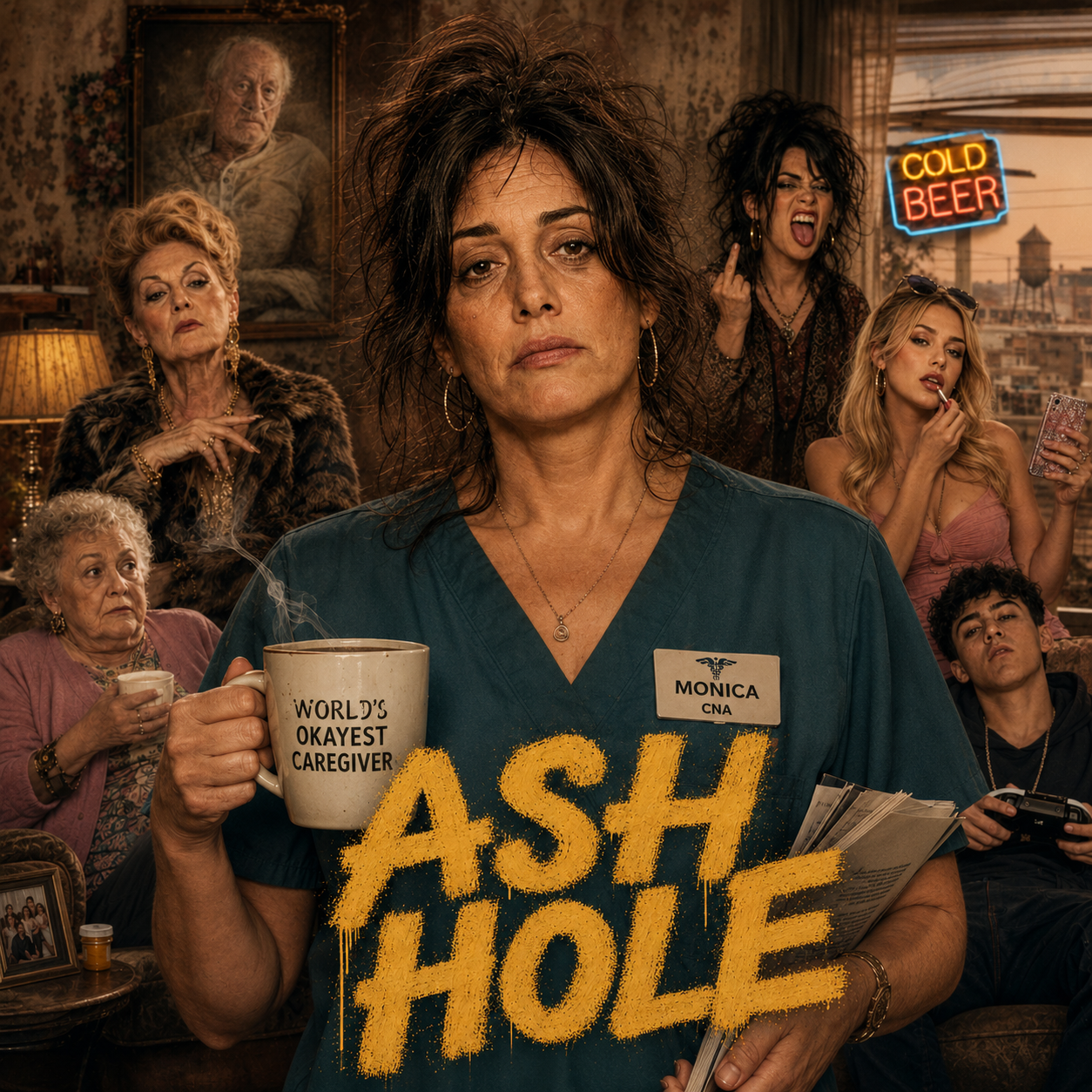 Exhausted nursing-home caregiver Monica in scrubs holding coffee, surrounded by her dysfunctional family in a shabby living room.
