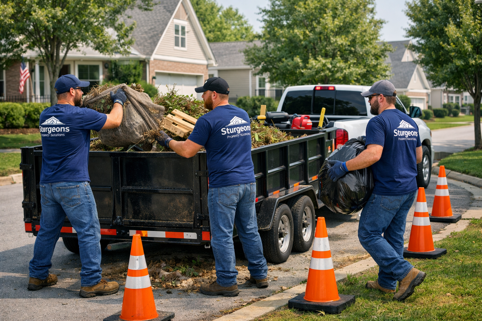 Three men in blue shirts with "Sturgeons Property Solutions" logo unload debris into a trailer parked on a suburban street with traffic cones, houses, trees, and a white pickup truck in the background.