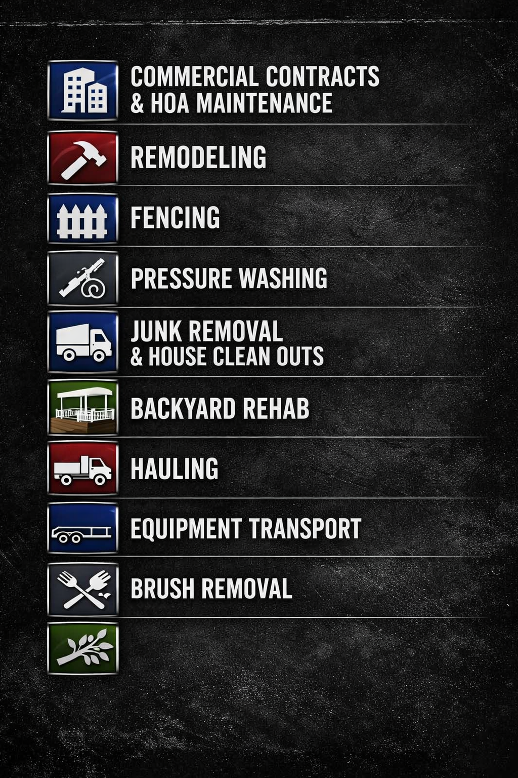 A list of services offered for property maintenance including commercial contracts, remodeling, fencing, pressure washing, junk removal, backyard rehab, hauling, equipment transport, brush removal, with icons representing each service.
