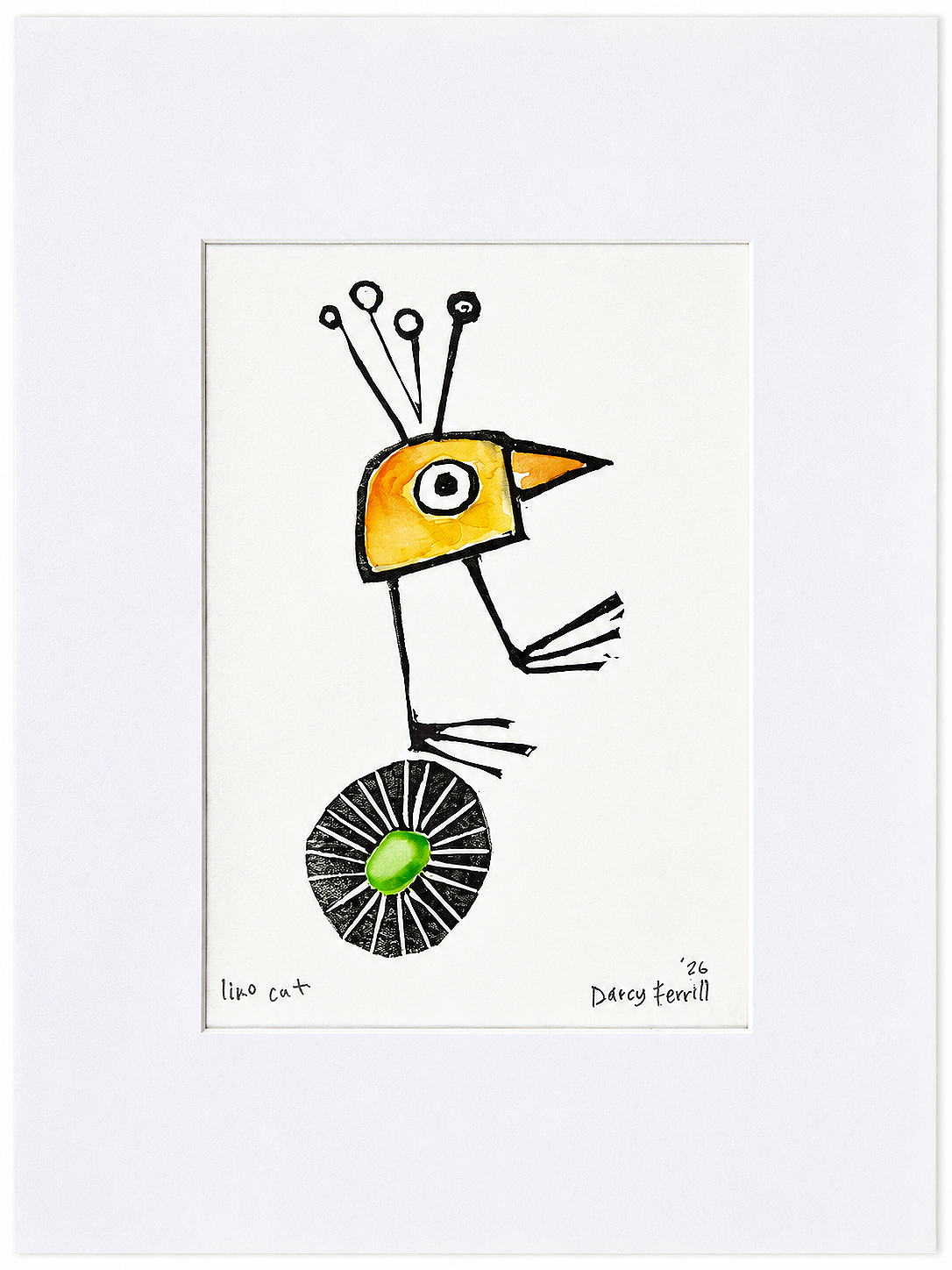 A whimsical drawing titled 'One Curious Bird' by Darcy Ferrill features a Curious Creature with a yellow head, orange beak, one large eye, and a black and white wheel with a green center as its body, set against a white background.