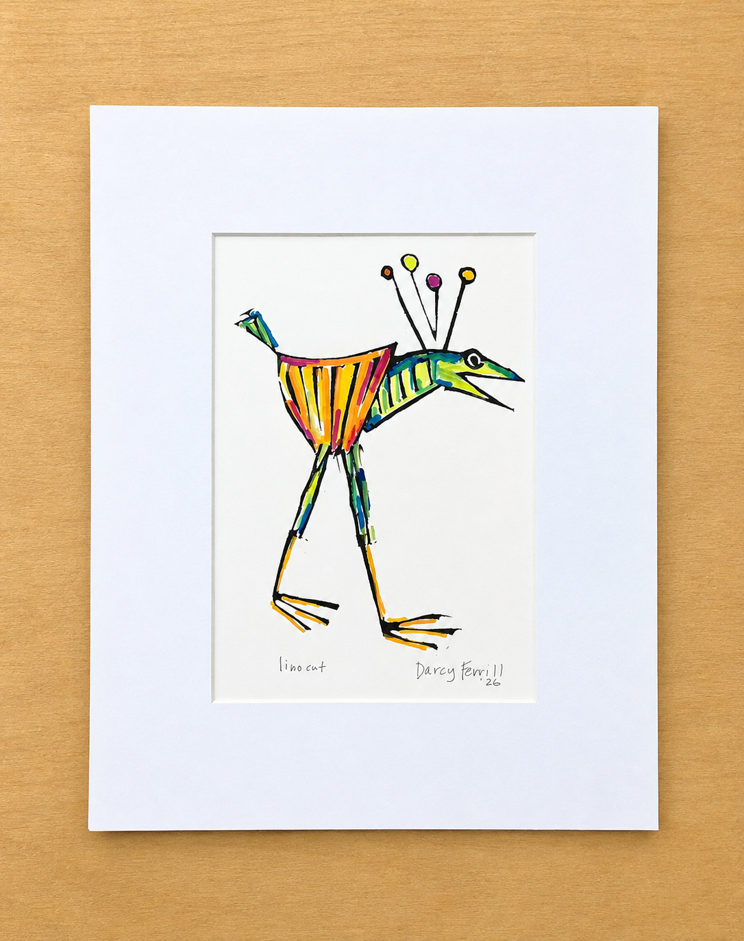 Colorful drawing of a bird with a peacock-like tail, decorated with lines and dots, on white paper with a white border. Signed by Darcy Ferrill, 2026.