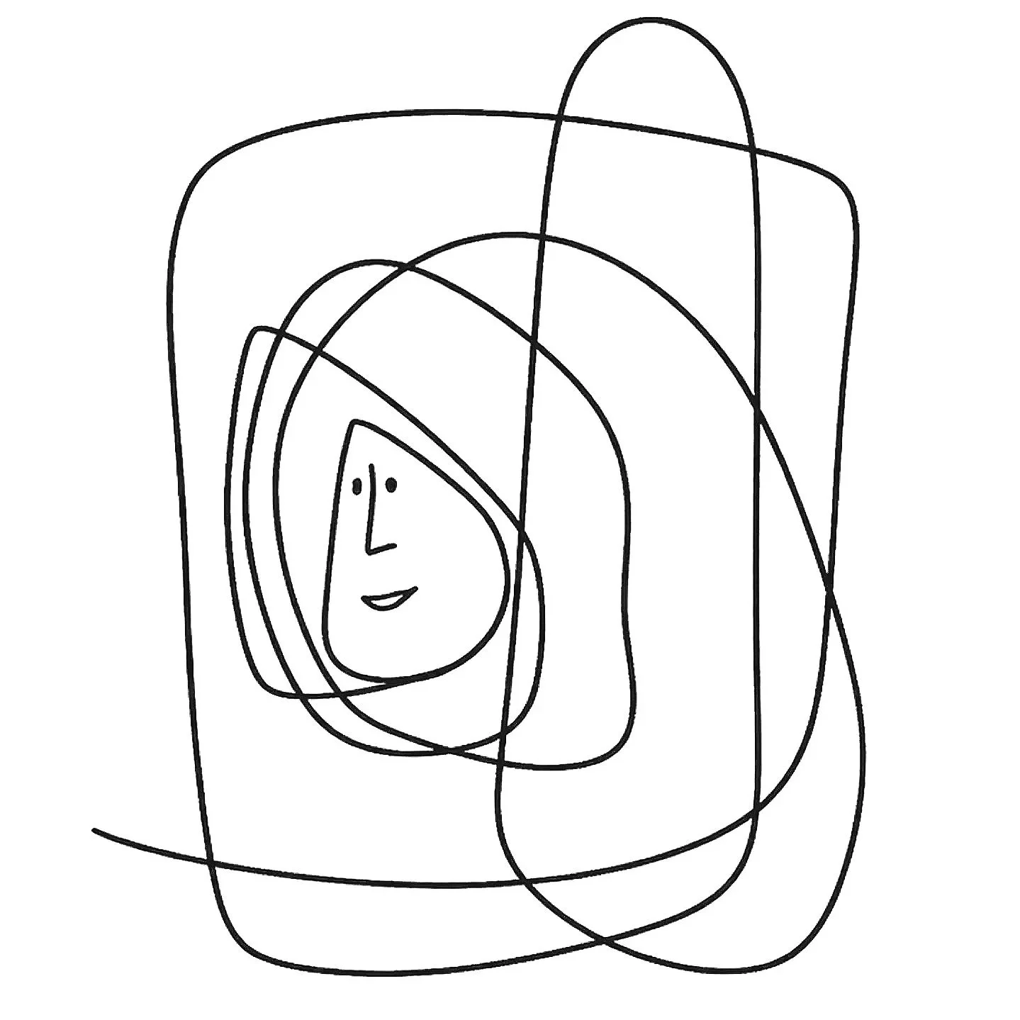 Line drawing of a person's face smiling, surrounded by overlapping abstract lines and shapes.