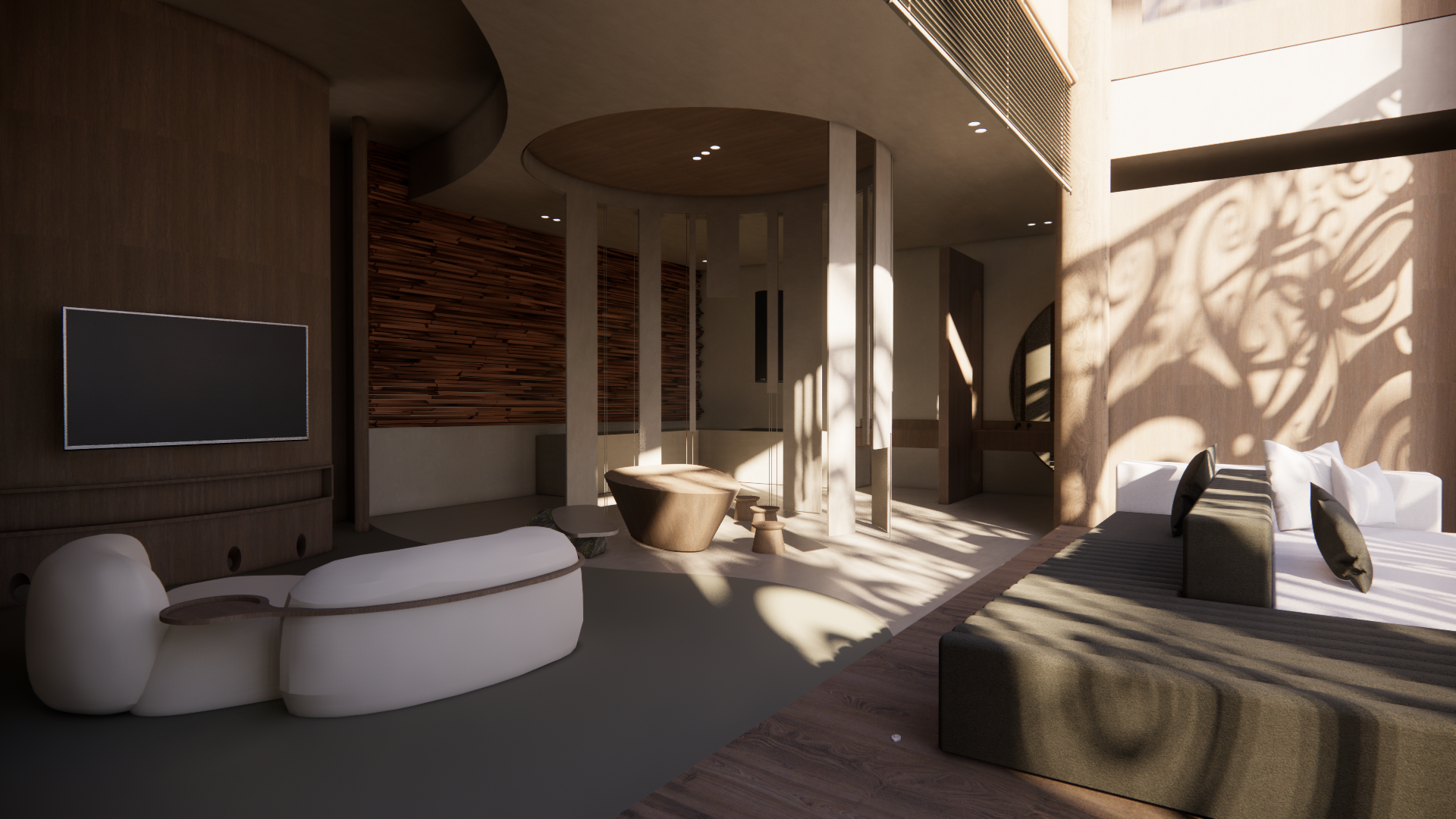 Modern interior living space with wooden wall panels, a flat-screen TV, unique white lounge furniture, a round wooden table, and sunlight casting shadows through decorative panels.
