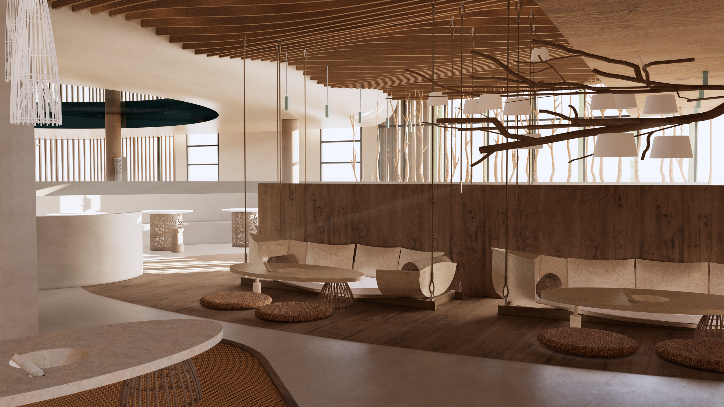 Interior of a modern, minimalist room with wooden accents, hanging lights, and natural light from large windows. Features seating areas with woven cushions and branches as decor elements.