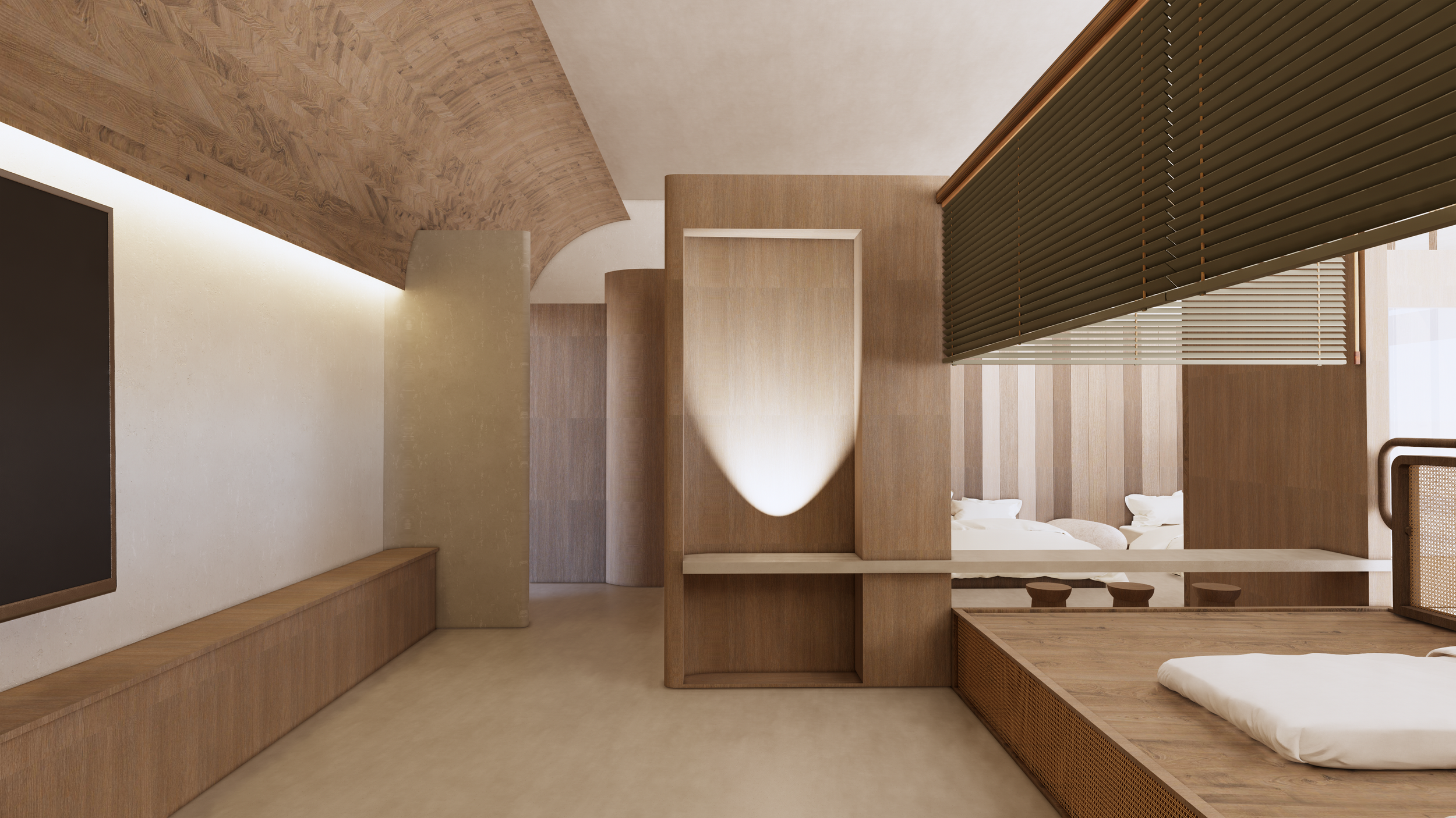 Interior of a modern minimalistic bedroom with wooden accents, a bed with white linens, and a large window with brown blinds.