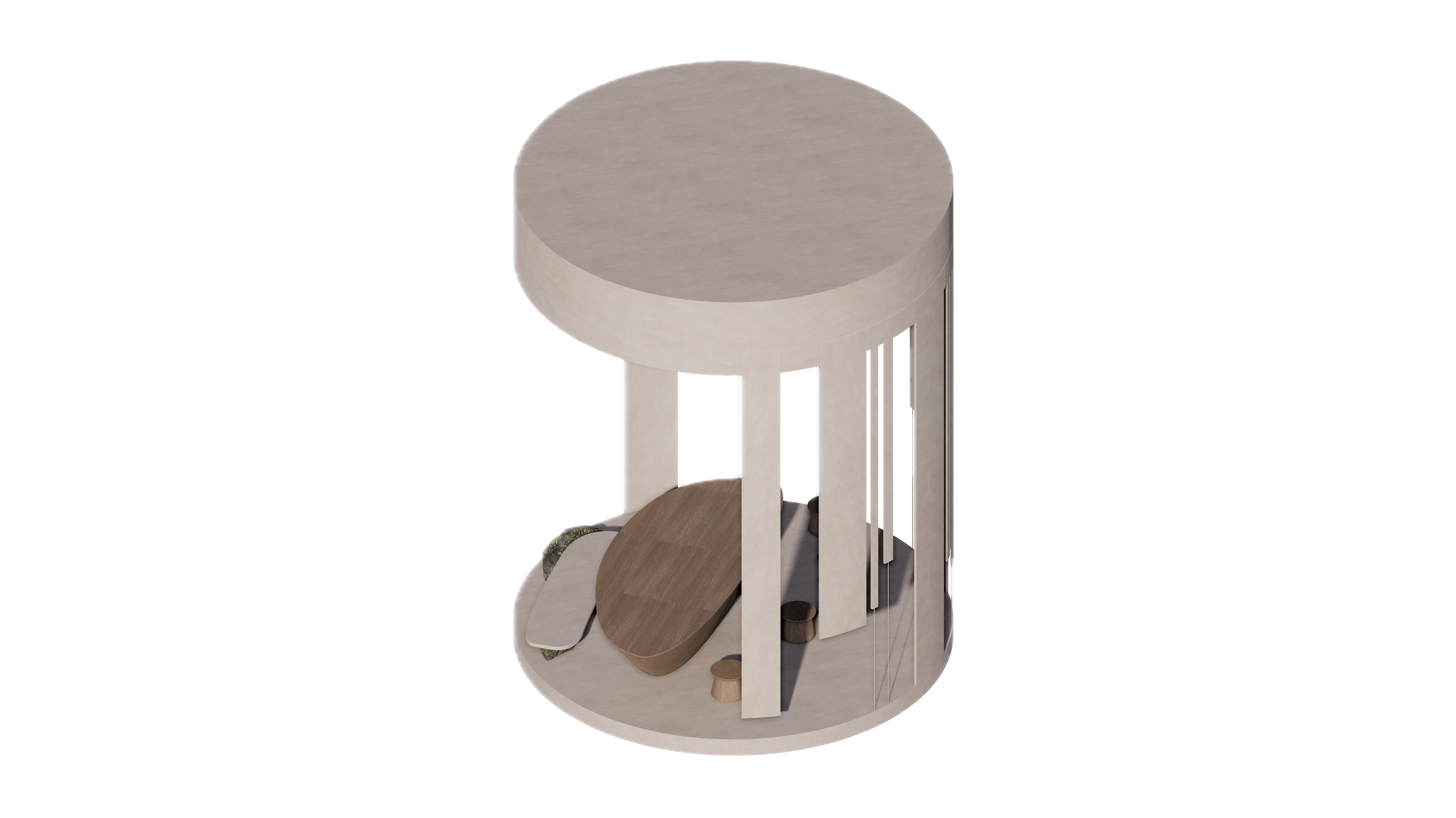 A modern, cylindrical building interior with wooden accents, curved walls, and large windows, including a sitting area with chairs.