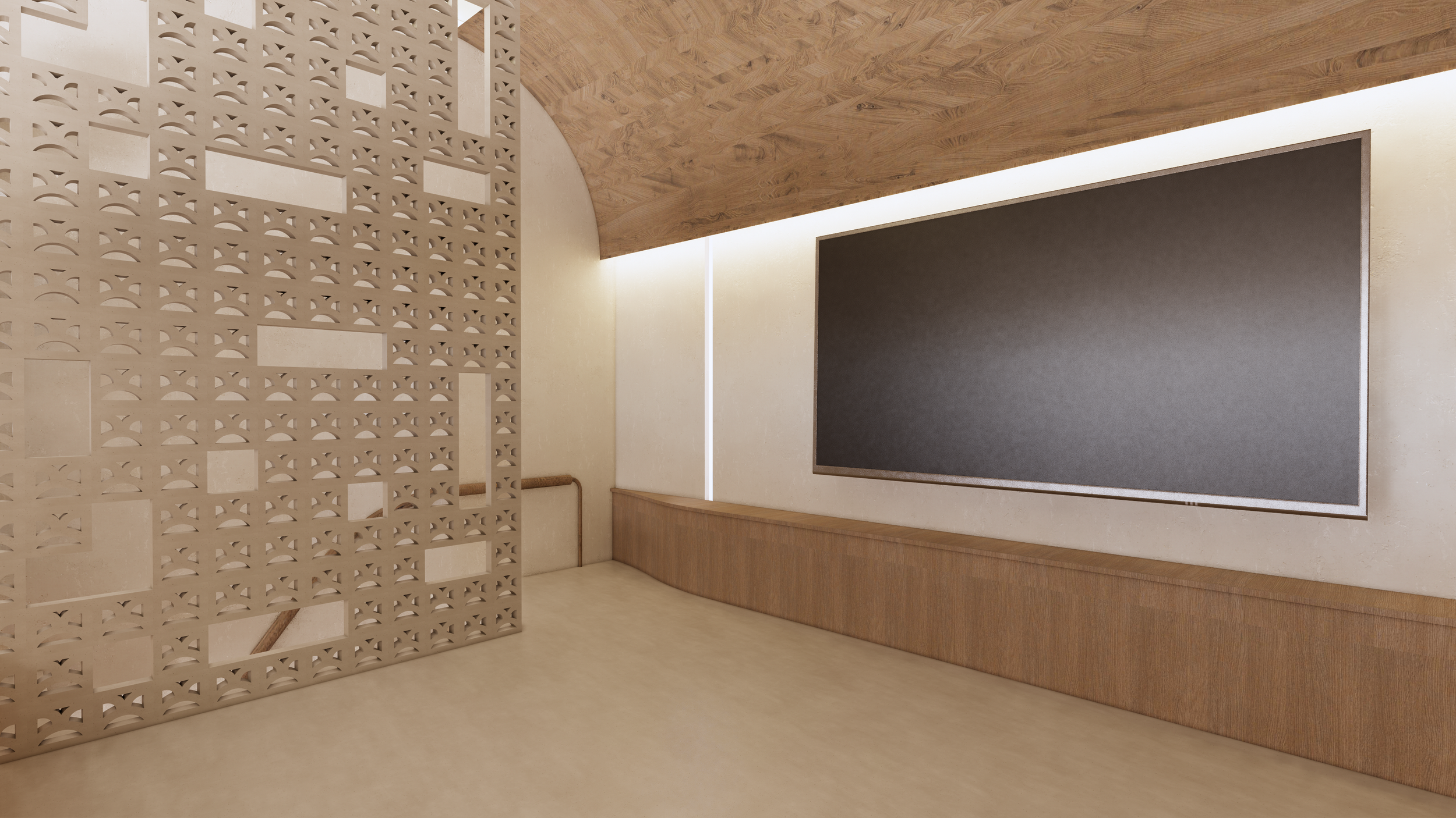Interior view of a modern room with a decorative perforated wall partition, a large blackboard or screen on the wall, and wooden ceiling and wall paneling.