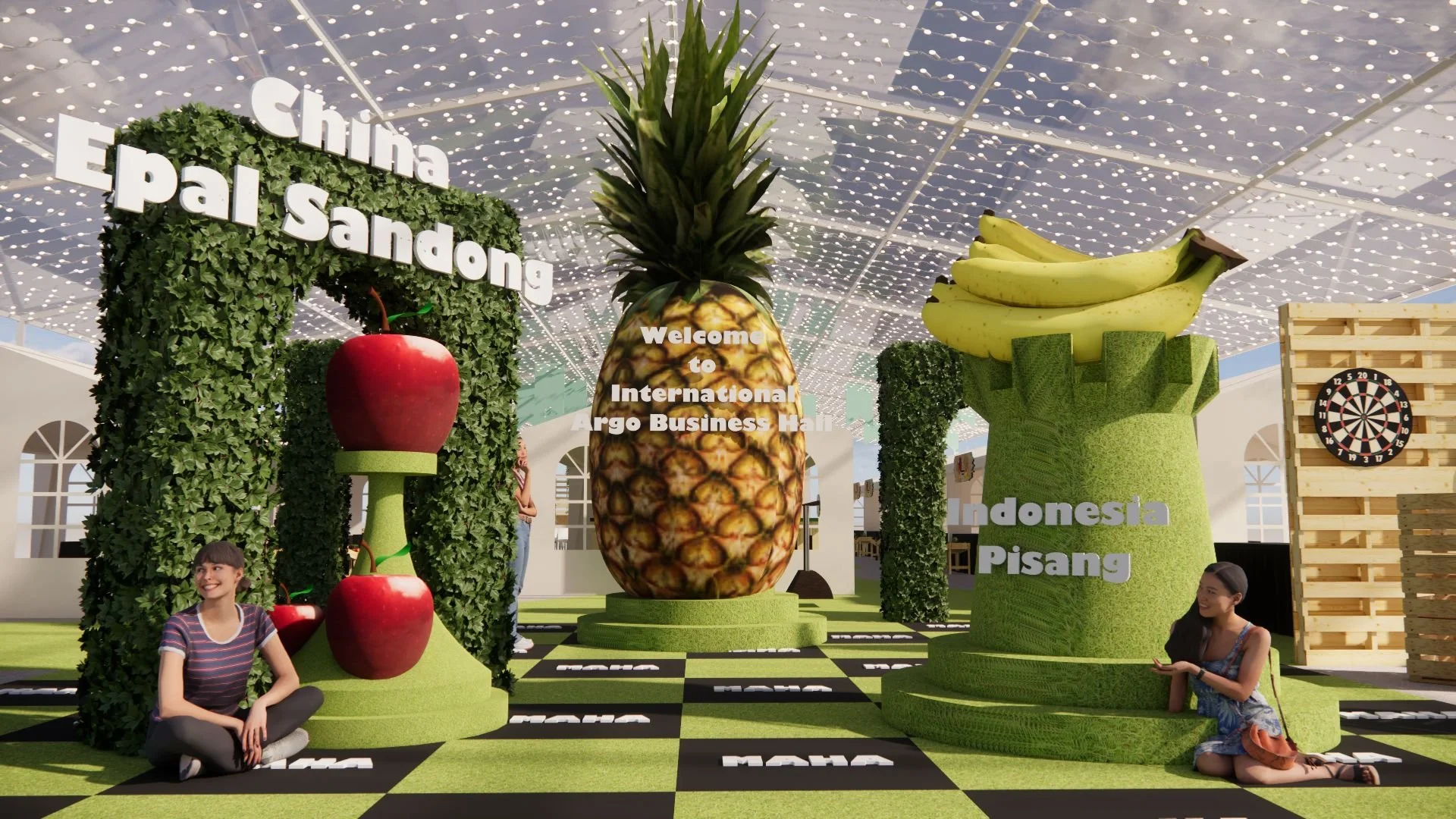 Display at an exhibition featuring various tropical fruits such as pineapples, bananas, and apples, with text indicating Indonesia as a major producer, and people sitting on the floor near the display.
