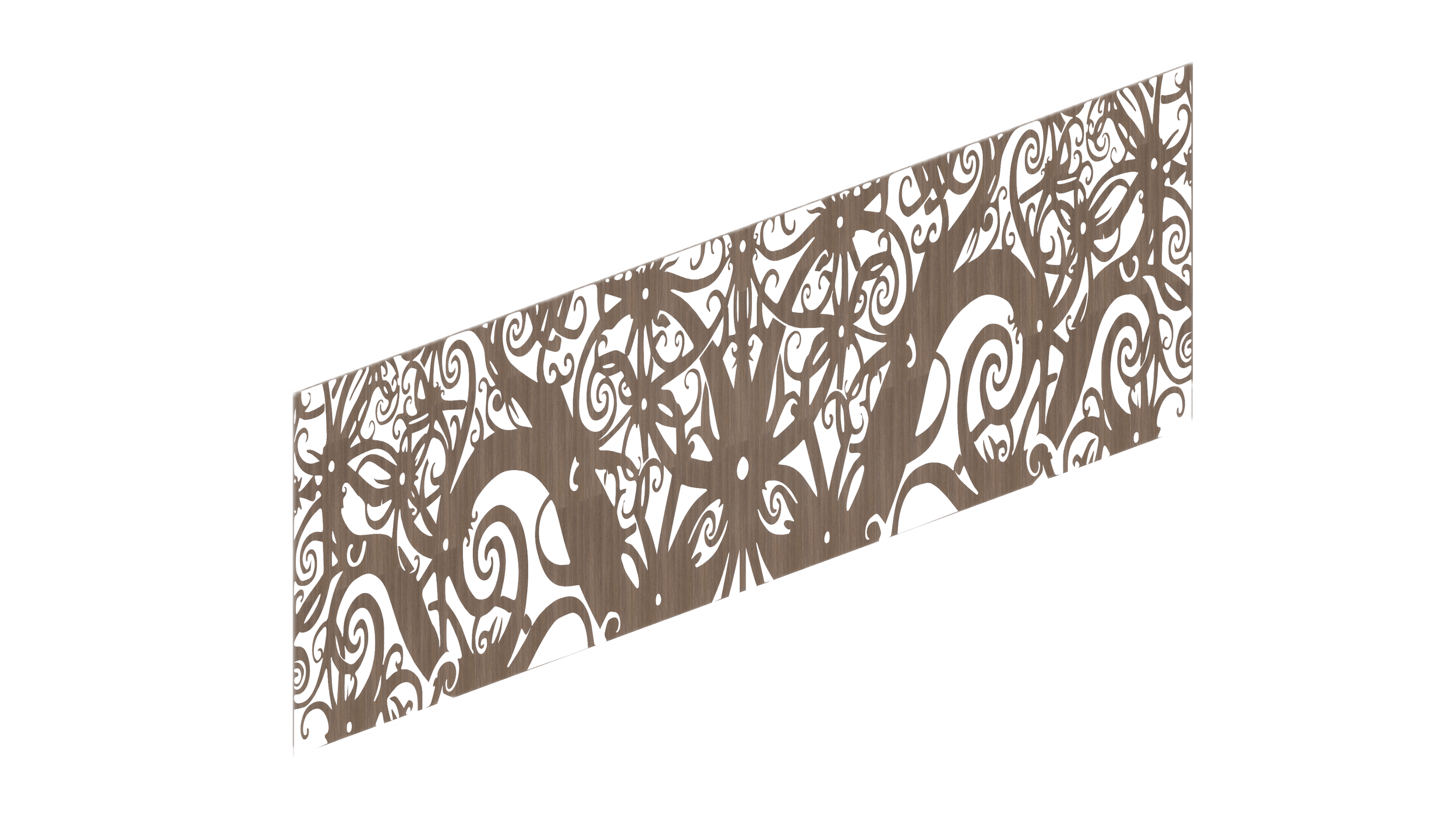 A decorative panel with intricate floral and swirl design, mounted on a wall.
