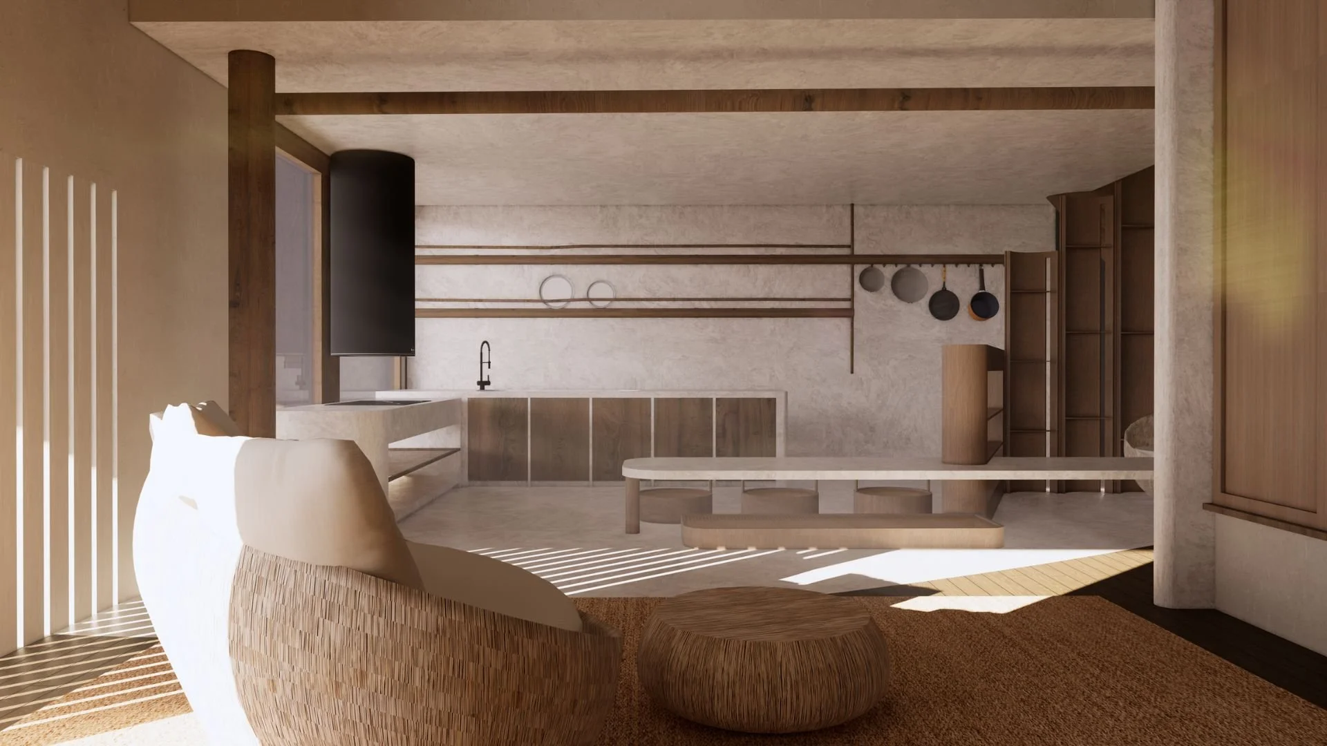 Modern minimalist kitchen with beige and wood tones, open shelving, and built-in cabinetry.