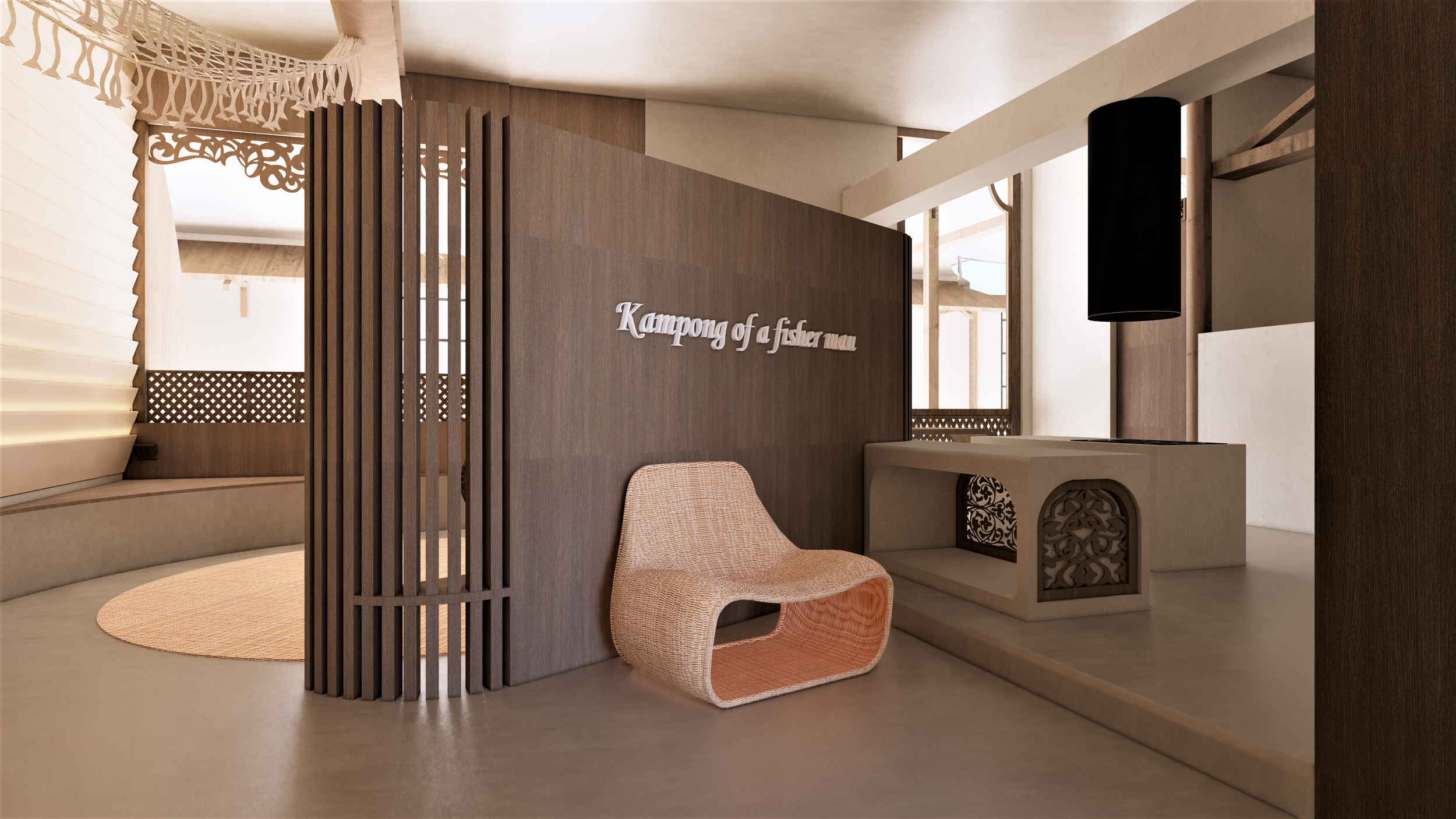 Modern interior with wooden accents, a curved beige chair, and a sign reading 'Kampong of a fisher man' on a wooden wall.