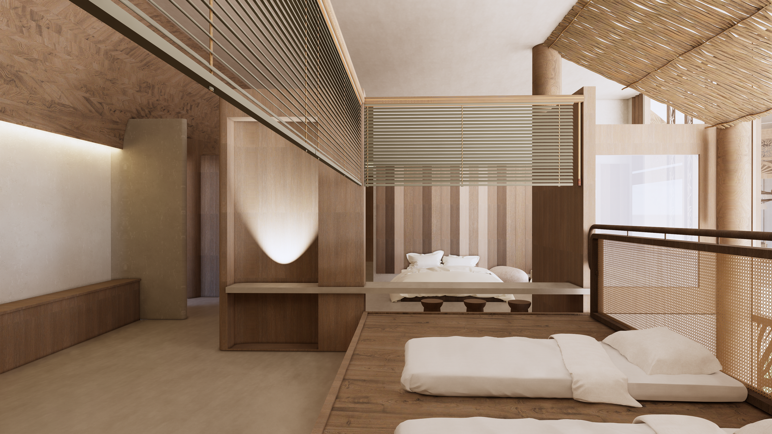 Interior of a modern bedroom with wooden and natural elements, showing a bed with beige bedding and pillows, wooden partitions, a hanging light, and large windows with blinds.