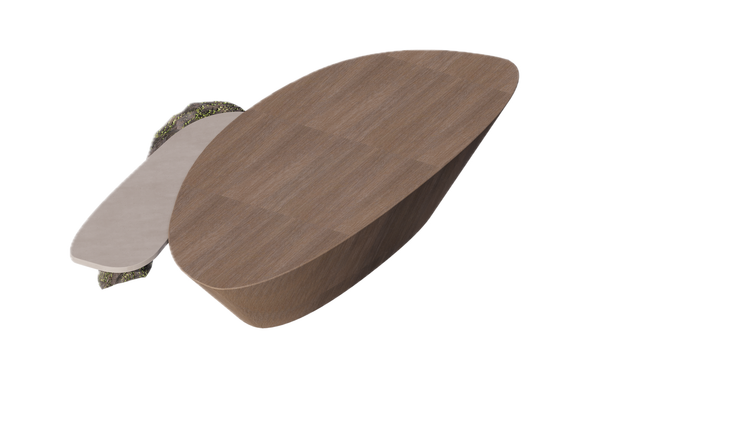 Cross-sectional view of a layered wooden and concrete structure with moss on the outer edge.