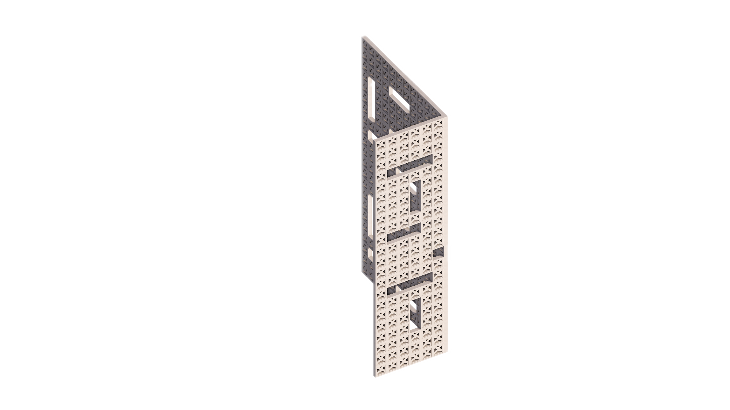 Close-up of a 3D architectural model featuring a corner of a building with a perforated brick wall and window openings