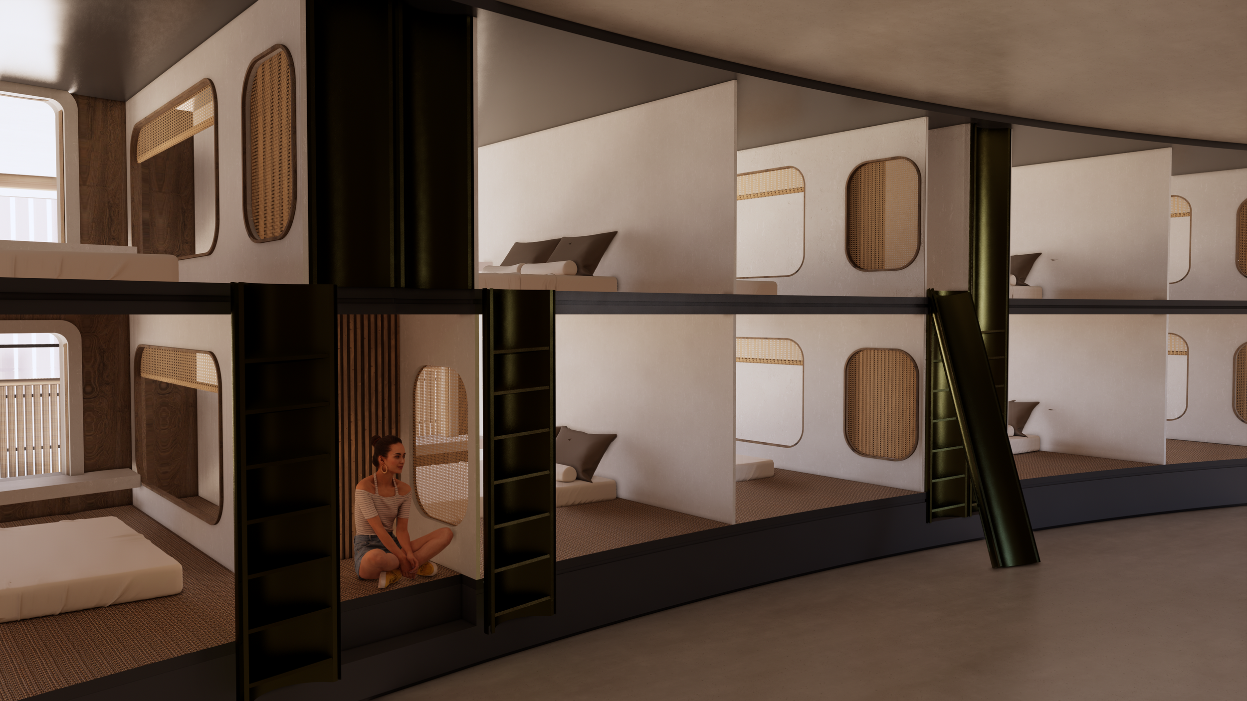 Interior of a modern hostel with multiple small, private sleeping pods stacked on top of each other, a woman sitting on the floor in front of the pods, and ladder access to upper bunks.